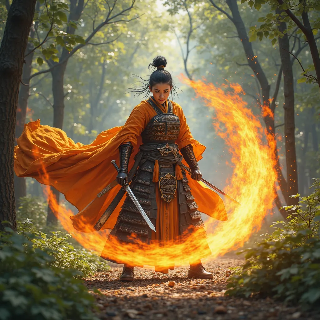 a female orange-caped Japanese samurai, in a forest, shooting a fireball at the viewer, taking a realistic photo