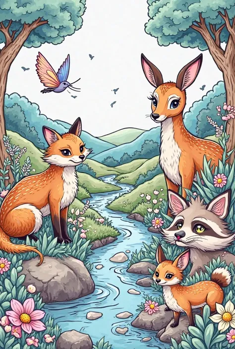 create an animal landscape for coloring book cover, just the animals