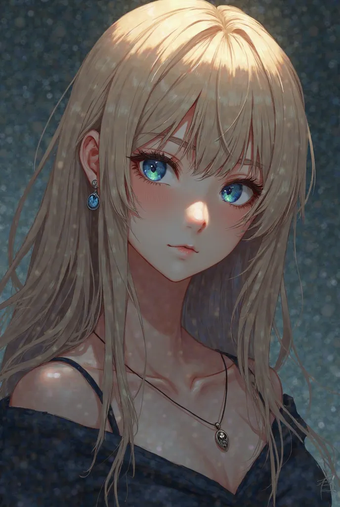 A girl in anime still with blond long open hair and blue eyes, the picture should be simple but a bit dark and mysterious, The girl is wearing a necklace with a small half moon pendant 