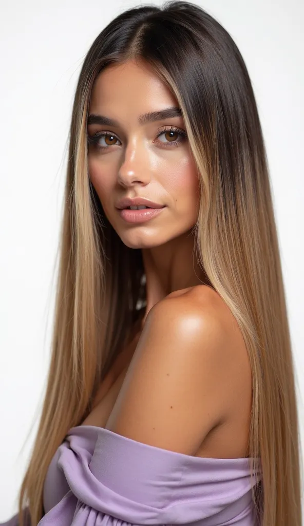 A beautiful woman with Latin features with beautiful hair, bright and nutritious, The tips look beautiful nutritious, Couples, When closed the hair is perfect, the image must be super realistic and natural. Women have Latin features and fair skin and dark ...