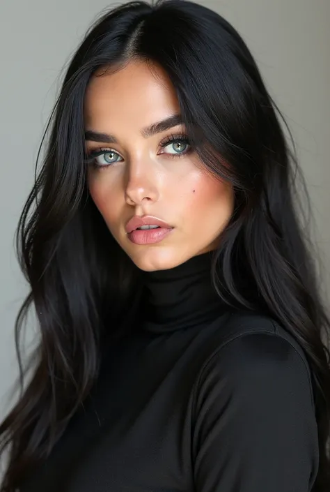 Create an image of a stunning model with fair skin and long, jet-black hair that cascades in sleek, smooth waves. Her features are delicate yet striking, with a sharp jawline and high cheekbones that give her an elegant appearance. Her eyes are a vivid, pi...