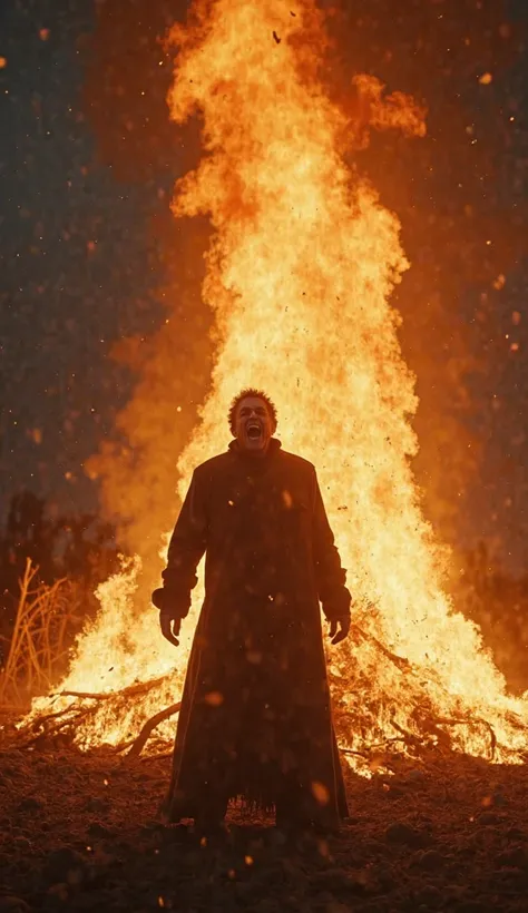 Create a dramatic cinematic image showing the moment when Barnabas is being burned alive in a large bonfire.