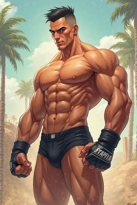 Young, Caucasian male fighter with black buzz cut hairstyle and tanned skin. Wears black bikini briefs drawn in anime style.