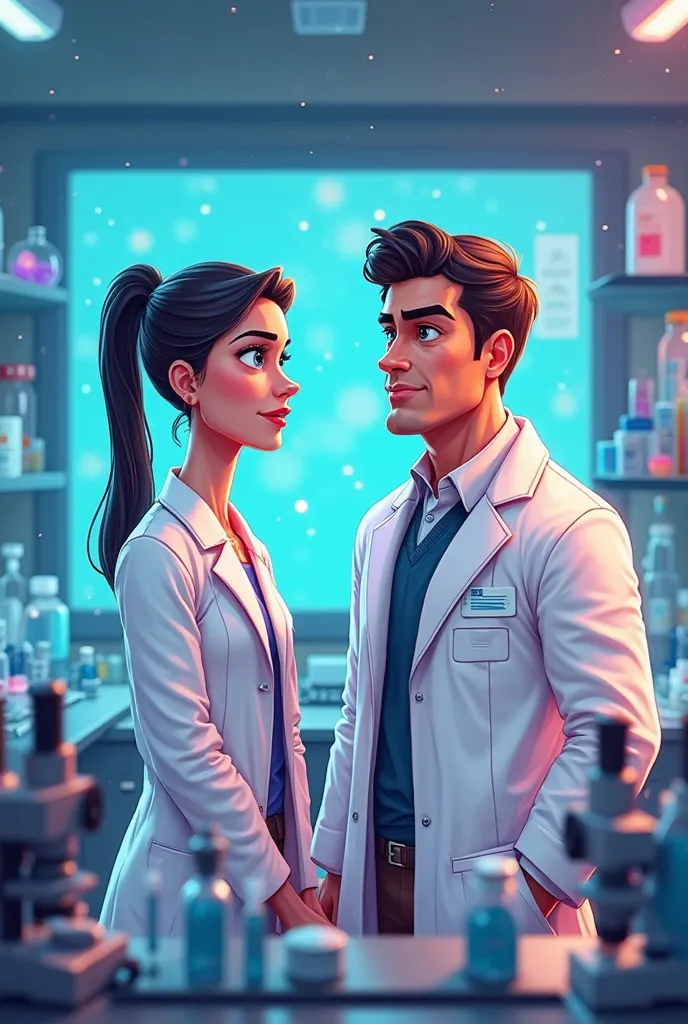 flashy of two monitors from a monitoring group of Cytology/Histology in a microscopy laboratory.  a tall, muscular man ,  with a confident face ,  Wearing a white coat , And a skinny one, with black hair tied in a ponytail, também  Wearing a white coat . B...