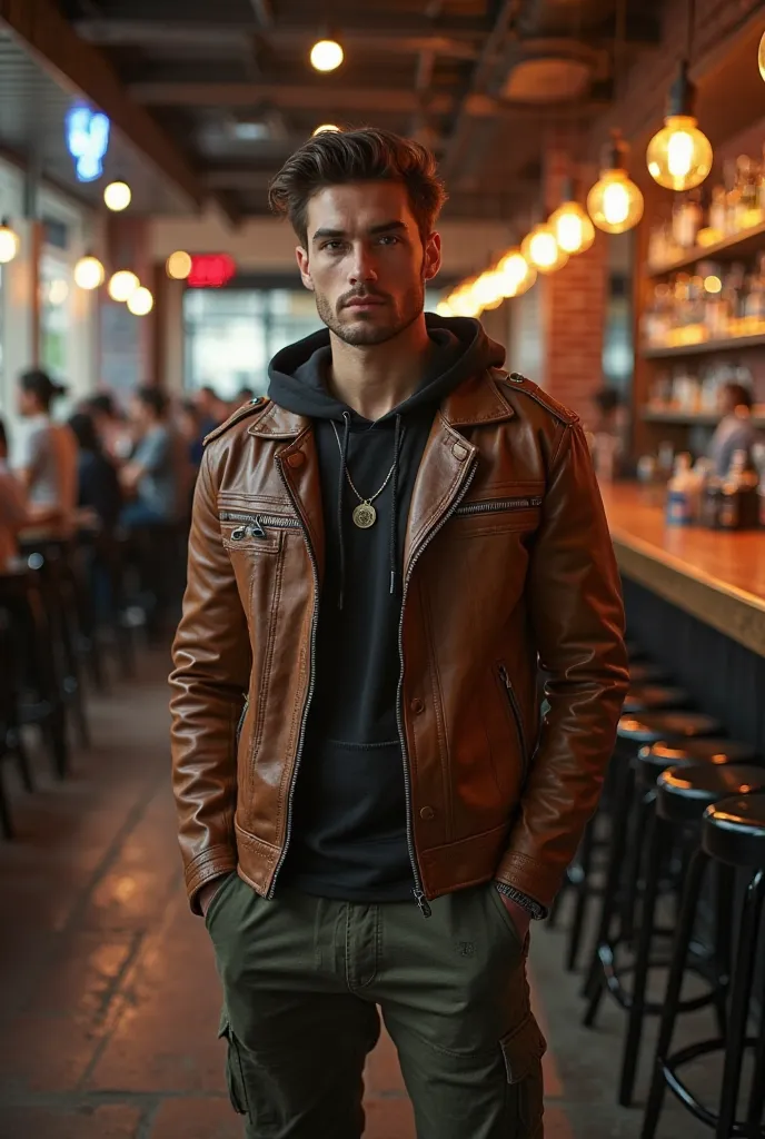 A young adult wearing a sportswear and brown leather in a bar. 