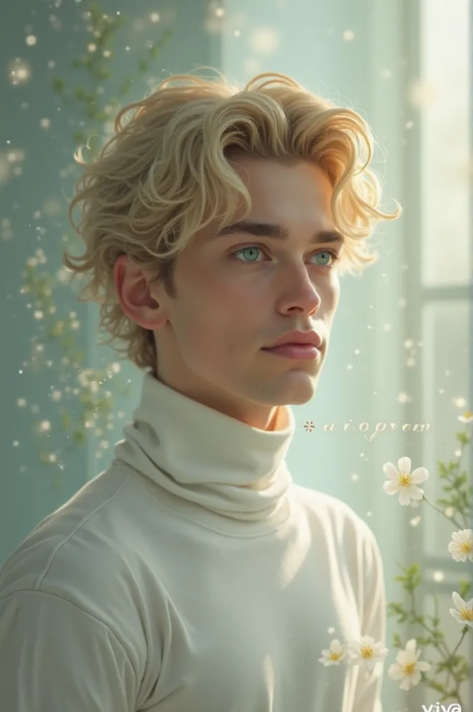 Alexandre from the show "A Viagem" in a scene set in "Nosso Lar". He has wavy blond hair, green eyes and is wearing a white turtleneck. The setting is soft and ethereal with a blurred background, suggesting a peaceful environment. The hashtag "#AViagem" an...