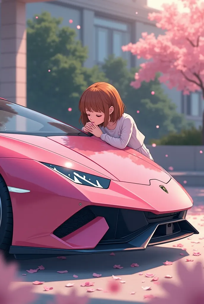 Cute fourteen years old brown haired girl kissing her pink Lamborghini (anime version)