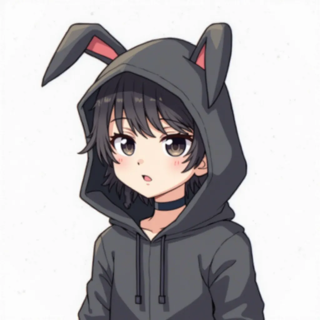 white background, cute rabbit statue, adult man wearing a black hood, long lowered black rabbit ears on a black hood, dark hair, dark eyes,  ear piercing, Blinded bangs,  wearing a choker , draw me in a webtoon picture.