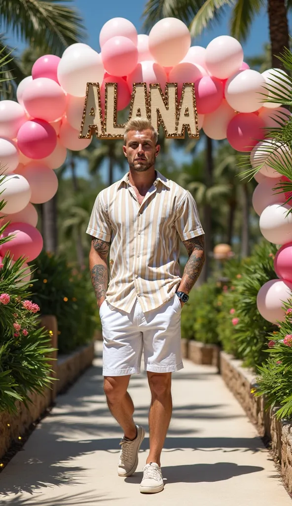 Matthew Noszka , muscular, very white skin , short blond hair cut low fade, short square cut beard, with blue and black butterfly tattoos all over his body down to his neck. He is wearing a button down shirt with beige with white vertical stripes, white fo...