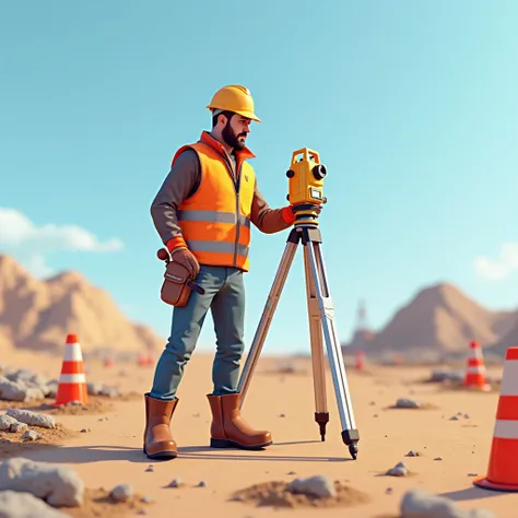 "Create a high-quality, detailed 3D digital illustration of a professional land surveyor working on-site. The surveyor is wearing a bright orange safety vest, a hard hat, and work boots, holding a modern surveying instrument like a total station or GPS rec...