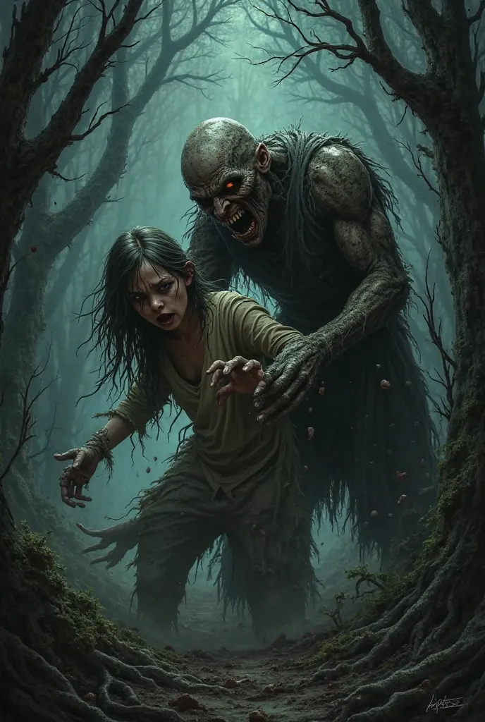 Ugly creepy man caught a running girl in the forest 