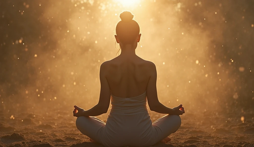 Body and spirit harmony "A sitting silhouette in a meditative,  in perfect harmony with the surrounding environment . The soft light highlights your presence, reflecting balance and inner peace.  The setting is hazy , position with worn details and a sepia...