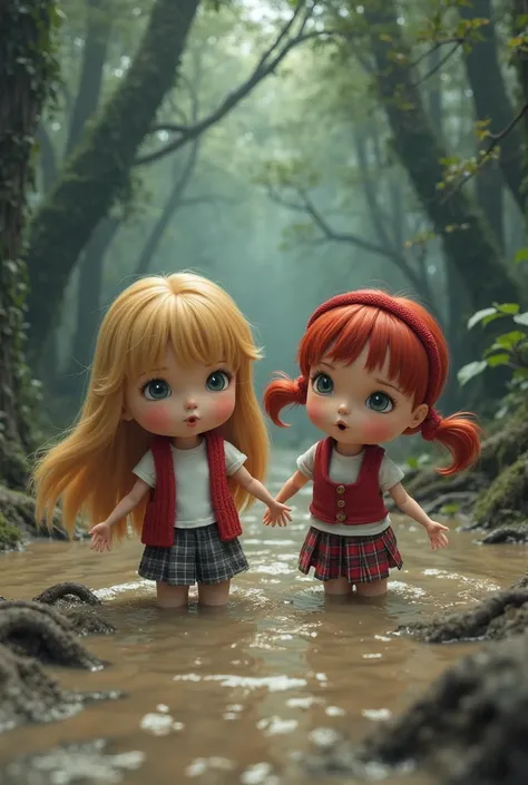 2 frightened, School girl, 1 terry long golden blonde hair, 1  Jody red hair pigtails, Trys To Rescue Terry White short sleeved blouse, red knit vest ,red and grey plaid miniskirt in tatters tares, red hair band, fantasy forest, dark , fog, sinking Chest d...