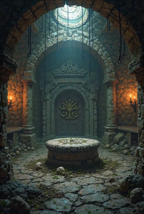 A very dark and gloomy place in a dungeon, surrounded by candles, torches and chains. Some bones on the floor and an altar with an unknown occult symbol 