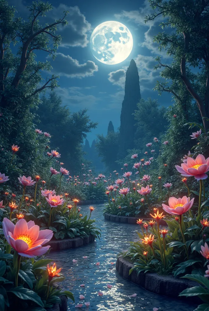 Create a garden image at night and the moonlight brightening the flowers