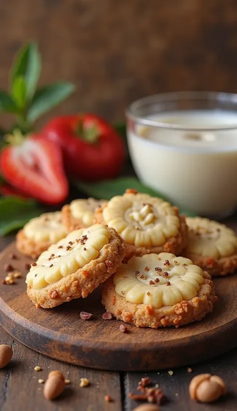 Hgraphic elements, Dynamic Light, Cinematics, HDR, UHD, professional PHOTOGRAPH OF:

“Flavorful Snack Scene”
Capture an inviting moment where guests are enjoying hazelnut cookies during a cozy gathering. Show the cookies present in playful, vibrant setting...