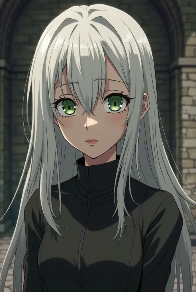 Attack on Titan screenshot of a  old white skinned girl with long straight white hair has side swept bangs and beautiful slanted green eyes, her nose is upturned, she has a mole under her eyes and she is very beautiful on her face, her lips are quite thick...