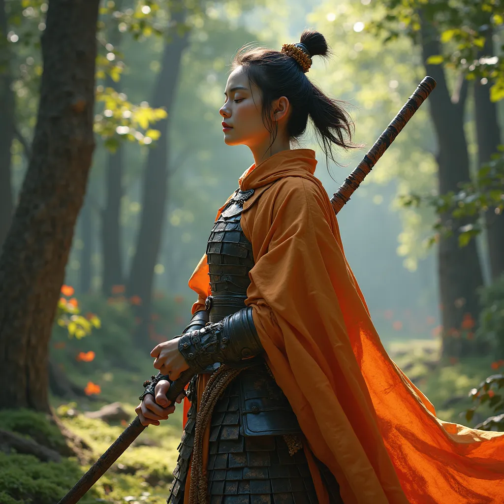 a female orange-caped Japanese samurai, in a forest, holding a staff, eyes closed, taking a realistic photo