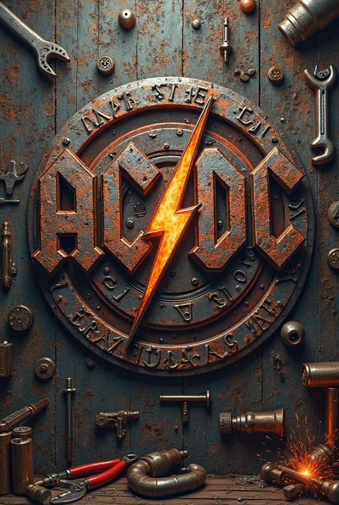 ACDC logo with tools and welding machine, No reference to the band 