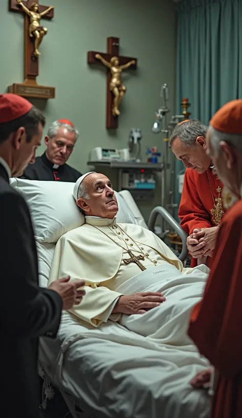 An emotional scene inside a hospital room where Pope Francis is lying in a hospital bed, slightly propped up, with his eyes open. Although he appears tired and weak, he maintains a serene and attentive expression. He is dressed in his traditional white cas...