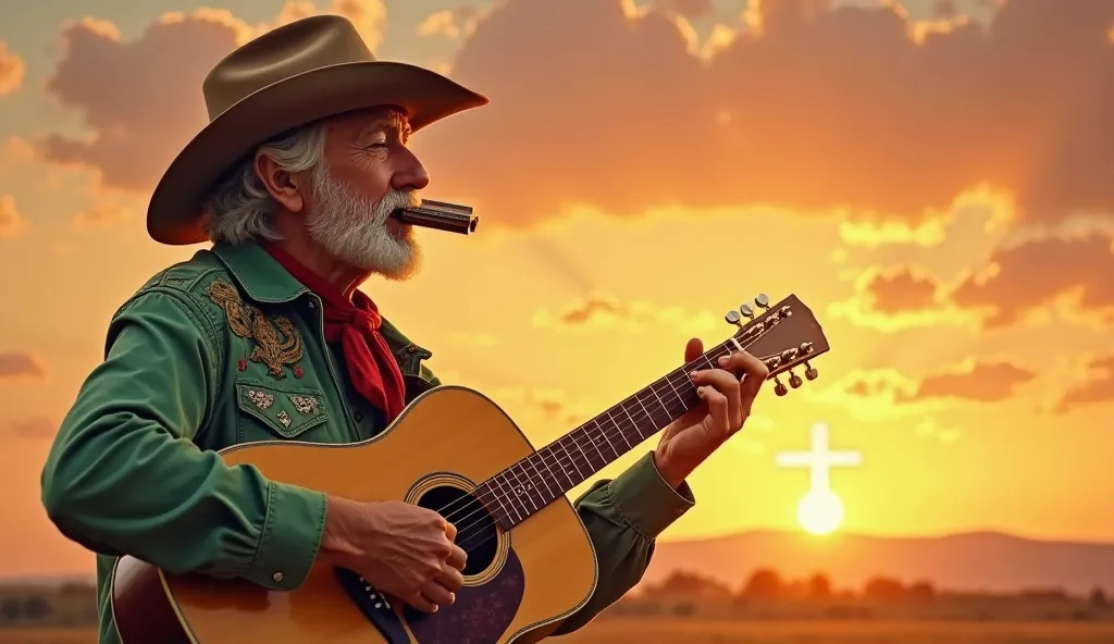 "A hyperrealistic painting of an old cowboy playing guitar and harmonica, standing in front of a breathtaking sunset. He wears a classic wide-brimmed cowboy hat, a green western-style shirt with intricate embroidery, and a red headband tied around his neck...