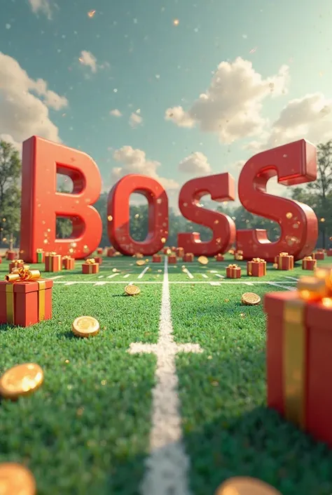 There is a football field in the middle of a 3D BOSS text, gift boxes and gold coins