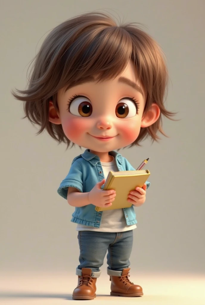  Create an image of a  baby boy ,  light-skinned fringe, with brown hair , short and straight, smiling, wearing a blue,  White blouse, brown shoe, planter as if she were a character from the Pixar movie, 3D style , with a pencil in one hand and a notebook ...