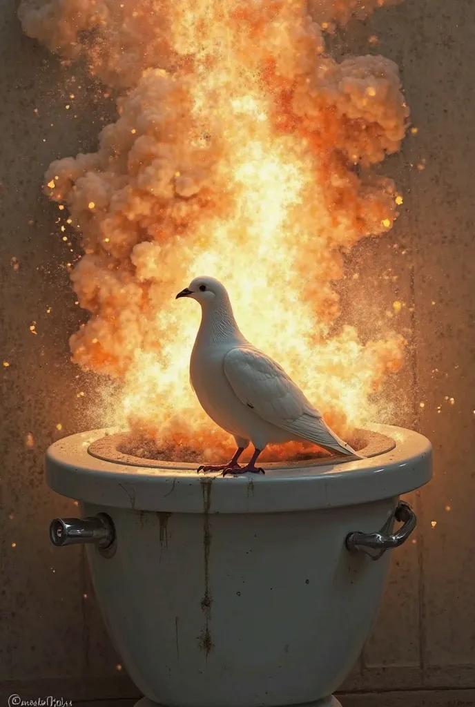 Make a happy dove in a toilet with an explosion behind