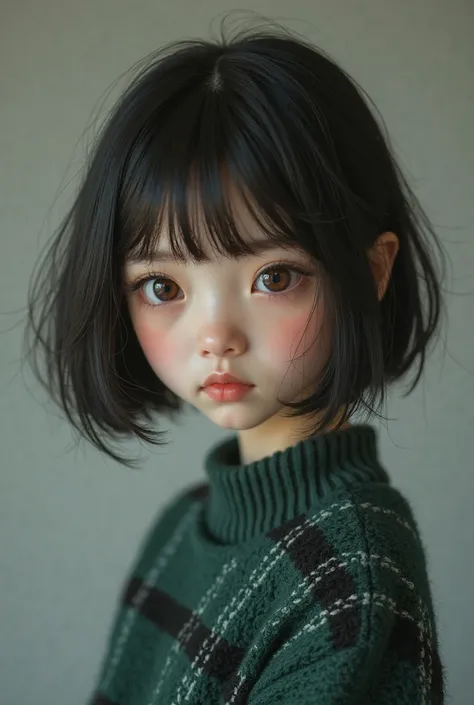 A 15-year-old girl with pale skin, dark eyes, a pink nose, and short, neck-length black hair is wearing a green plaid sweater.