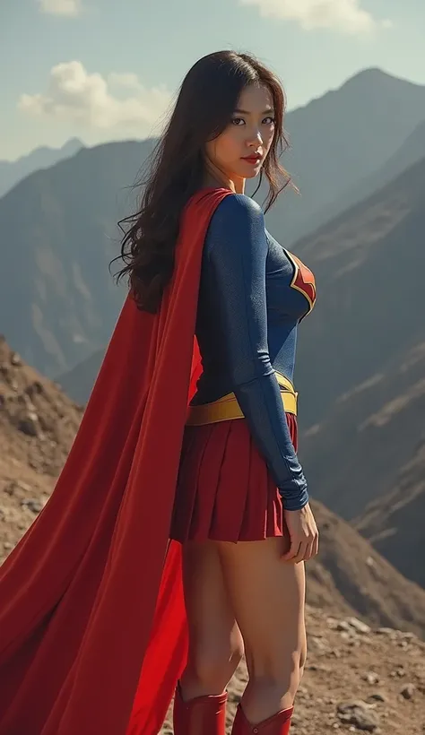 live-action、((( Japanese supergirl stands on her knees、Well-balanced musculature、big breasts、Point your huge butt side at the camera、She is turning her back, looking back and facing the camera:1.9))) 、supergirl cosplay, nsfw ,

  full body image of a beaut...