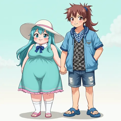 anime obese girl with long sky blue waterfall hair wearing big white sun hat aquamarine halter dress white collar pink trim at the bottom of skirt blue bowtie ribbon long white socks and pink shoes resembling ballet flats with emaciated young adult boyfrie...