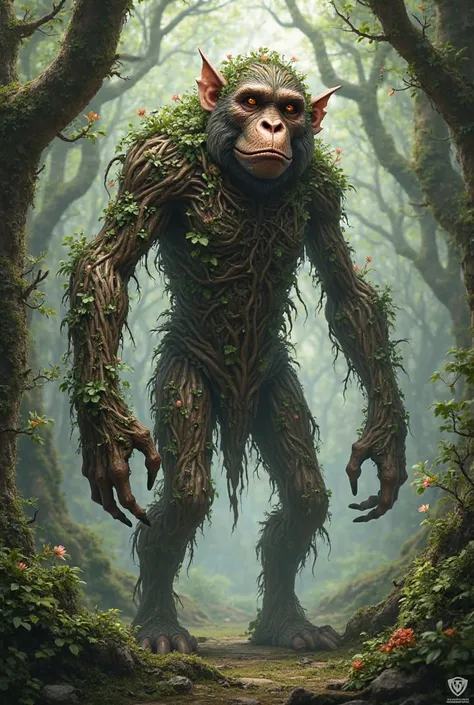 Make me a tree that walks with human feet is the face of a baboon 