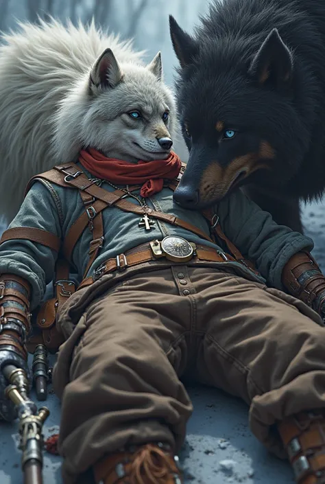 Imagine an adult anthro male Wolf Elias Pioner blue eyes, adventure and time travel clothes, goggles, a burgendy scarf around his neck, wears a pioner compass key pendant around his neck with silver, grey and dark black furs. White and dark grey hair fur. ...