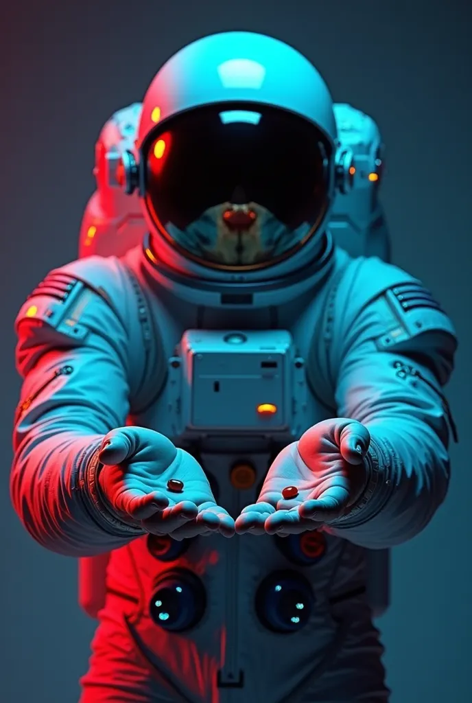 An astronaut from the front, wearing a futuristic space suit with metallic details and a visor reflecting a subtle glow. He has his hands extended forward , offering two pills:  On the right hand , a blue pill,  and on the left hand , a red pill. The drama...