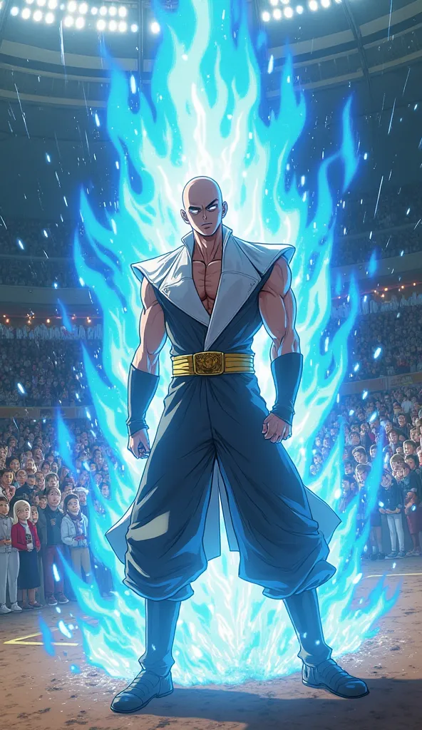 Saitama dodging a blue power heading towards him, almost touching him in the background of an arena with people watching