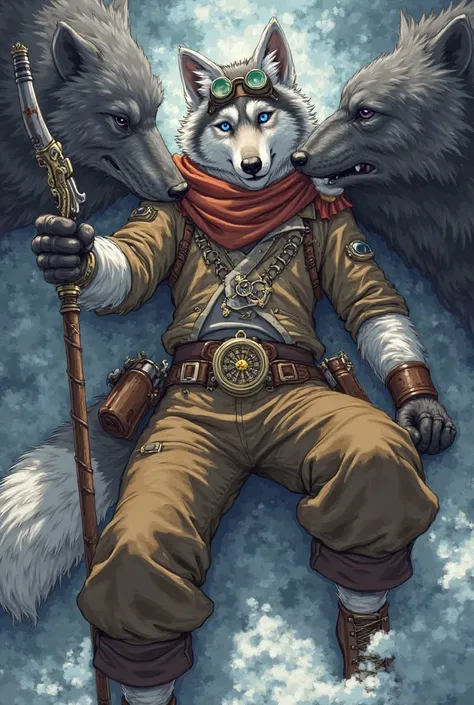 Imagine an illustrated adult anthro male Wolf Elias Pioner blue eyes, adventure and time travel clothes, goggles, a burgendy scarf around his neck, wears a pioner compass key pendant around his neck with silver, grey and dark black furs. White and dark gre...