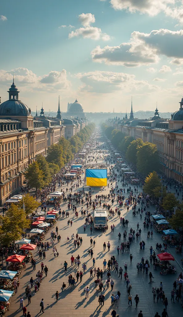 Hgraphic elements, Dynamic Light, Cinematics, HDR, UHD, professional PHOTOGRAPH OF:”
Bustling Independence Square
"Create a lively scene at Independence Square (Maidan Nezalezhnosti) in Kyiv, capturing the energy of the area filled with people and colorful...