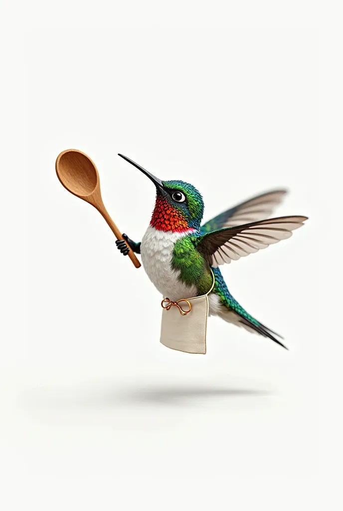 A hummingbird with a kitchen apron with a wooden spoon on a white background 