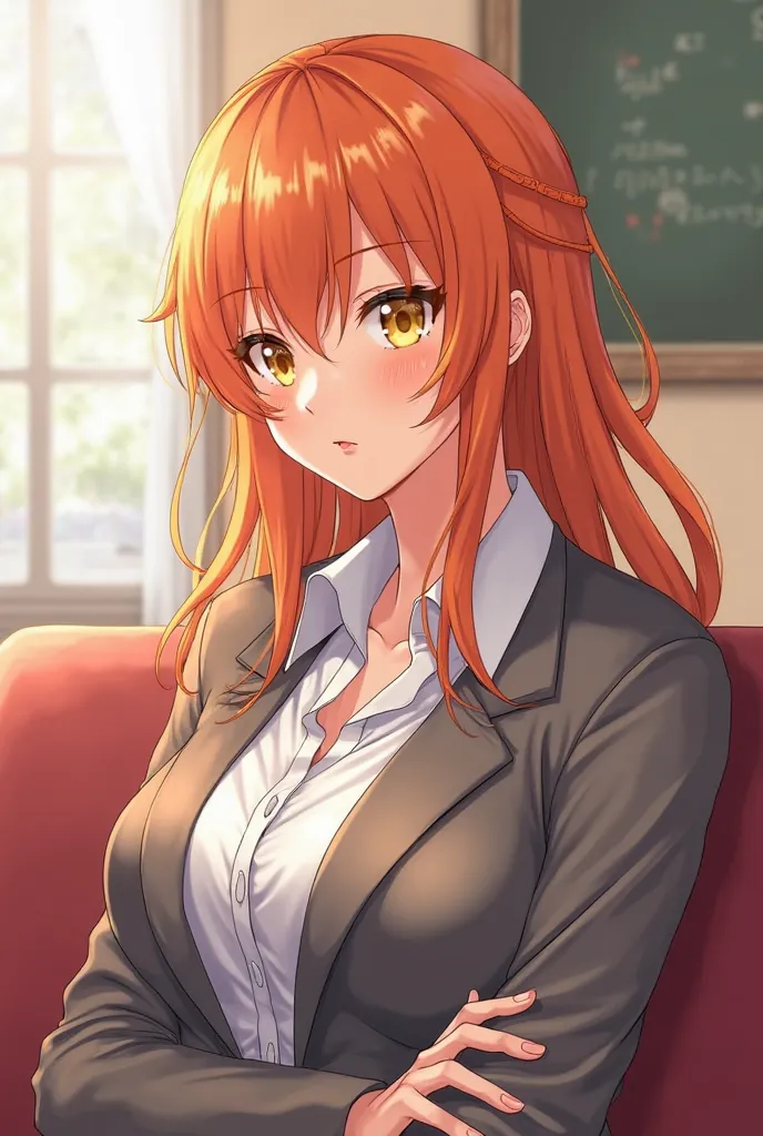 we will draw an anime girl . his profession will be a teacher and it will be as if he is teaching us private lessons . will have orange hair and yellow eyes while he sits on the couch and lectures . sitting on the couch and lecturing , some of her breasts ...