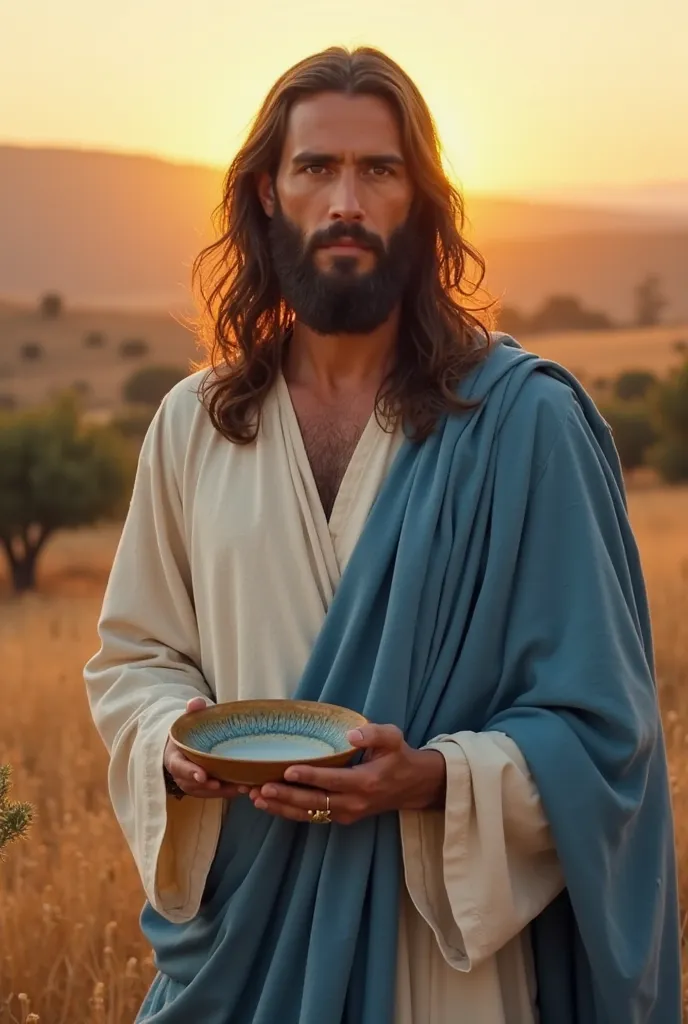 Jesus Christ, with long hair and a beard, wears a simple linen robe in pure white, with a flowing blue mantle draped over his shoulders. He stands in an open field at sunset, where the sky glows with golden and orange hues. In the background, rolling hills...