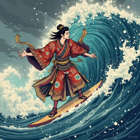 Ukiyo-e illustration of a Kabuki actor surfing,High Resolution, 