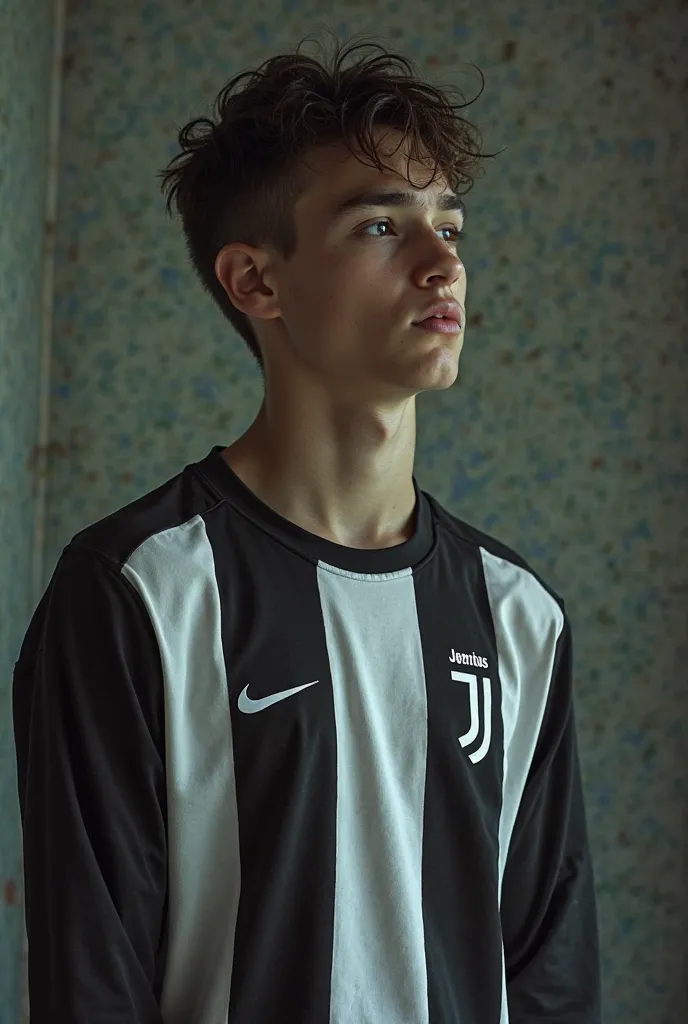 crea a un adolecente de 16 años con Camiseta interior térmica Nike Dri-Fit Park niño, uniforme del juventus y tenis blancos siendo hipnotizado