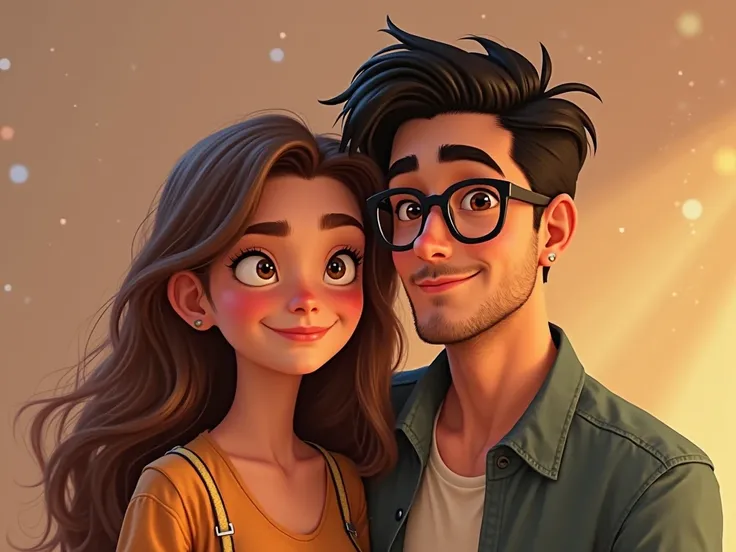 Pixar cover of a 20-year-old girl with half a light brown mane,  round face , honey-colored eyes and a young man 25 years older with glasses, a mole on the left side of his nose, black hair and dark brown eyes and a little trimmed beard, both of them are h...