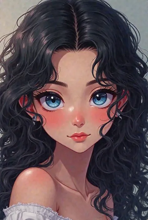 A  Egyptian girl with blue eyes and long dark curly hair, with pinky skin ,anime style 