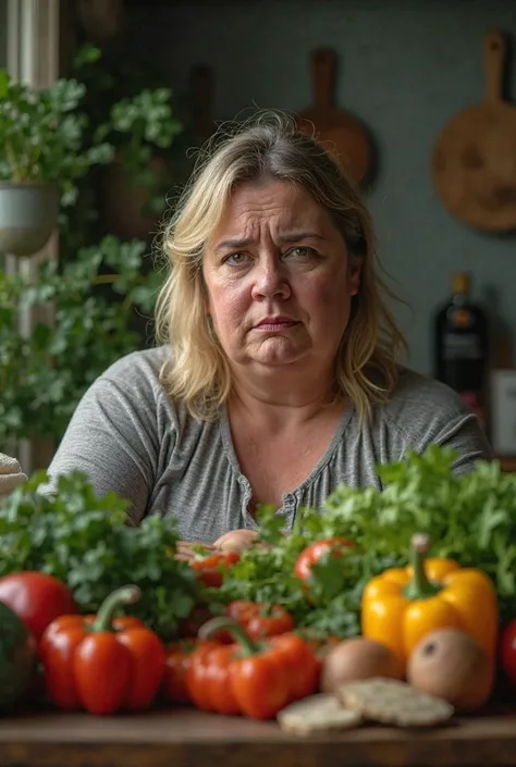 a 30-year-old blonde overweight woman, with a desperate and tired face surrounded by salad and vegetables