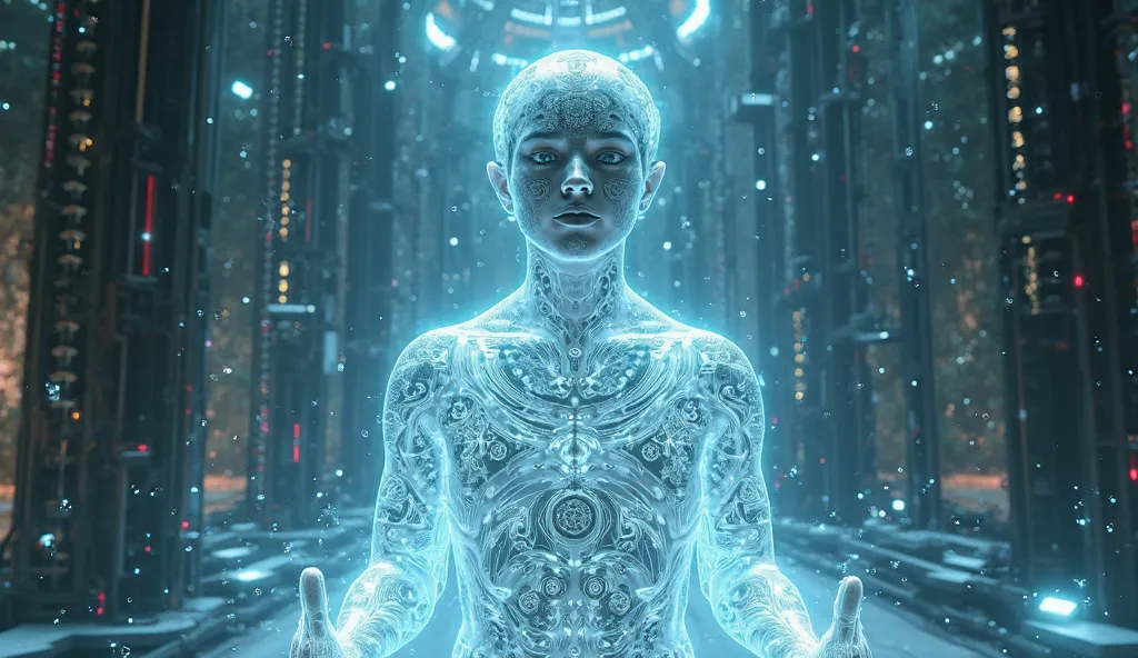 The Antichrist as a digital form, a brilliant holographic being who controls humanity through technology, cinematic, camera capture and ultra realistic, with spiritual characteristics