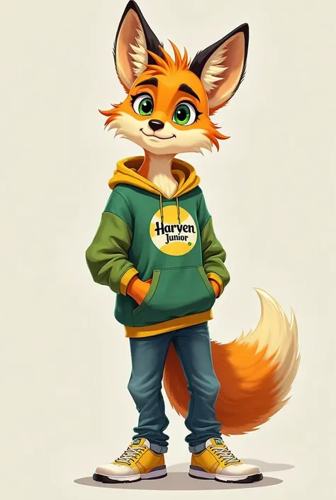 "A 20-year-old male anthropomorphic fox, with a youthful , vibrant and full of energy, in cartoon style. He has a more stylized body,  with fox features , like golden and orange fur, pointed ears and a long and expressive tail, but with a human touch in it...