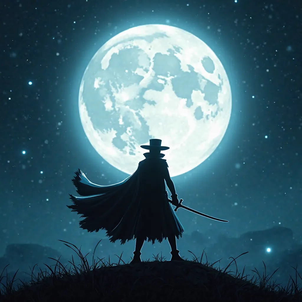 Need me a photo with the shadow of Zorro in One Piece in an attack position in front of a moon 