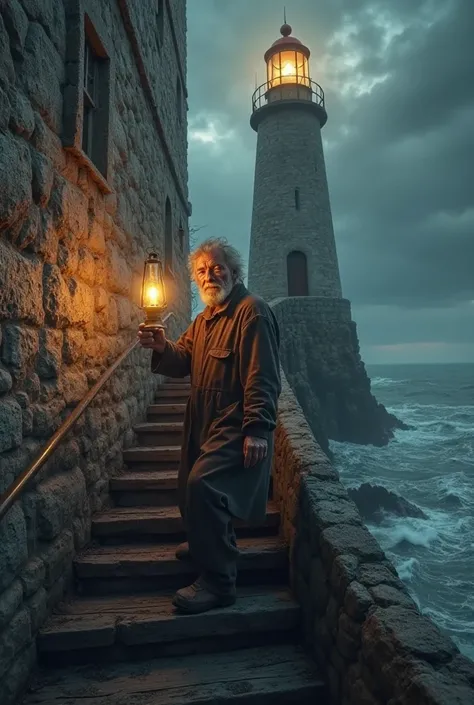 An old man climbing the stairs of the lighthouse with a lamp in his hand.