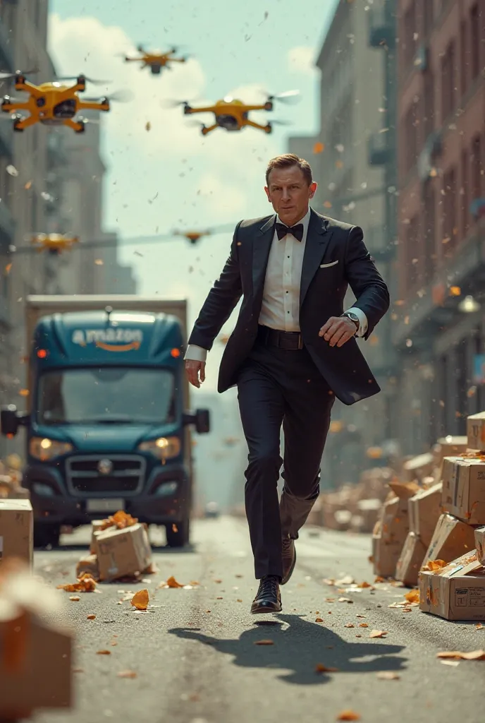 James Bond en smoking se fait foncer dessus par une camionnette Amazon Prime.  Il court. Il 'y a des paquet Amazon sur la route. Et il y a des drone jaune dans le ciel.